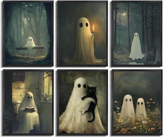 6 Piece Vintage Halloween Ghost Wall Art Victorian Gothic Canvas Prints Dark Academia Cute Candle Ghost Posters Unframed for Bedroom Living Room Home Decor